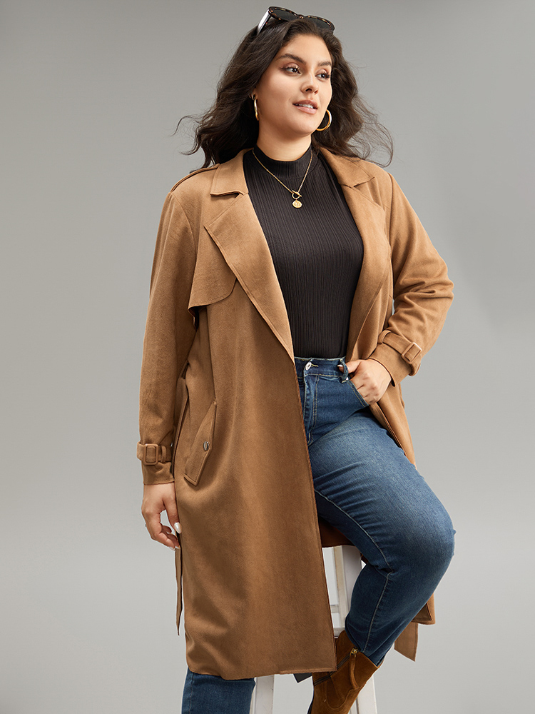 Plus Size Solid Button Detail Knot Belted Coat Women Chocolate Work From Home Plain Ladies Work Winter Coats BloomChic 26/4X 