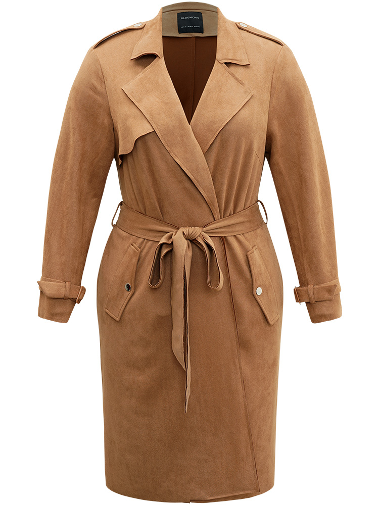 Plus Size Solid Button Detail Knot Belted Coat Women Chocolate Work From Home Plain Ladies Work Winter Coats BloomChic 26/4X 