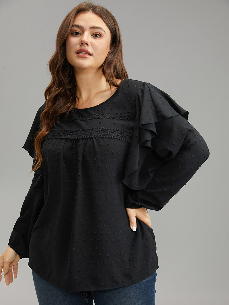 Plus Size Women Dailywear Plain Patchwork Lantern Sleeve Long Sleeve Round Neck Elegant Blouses BloomChic 