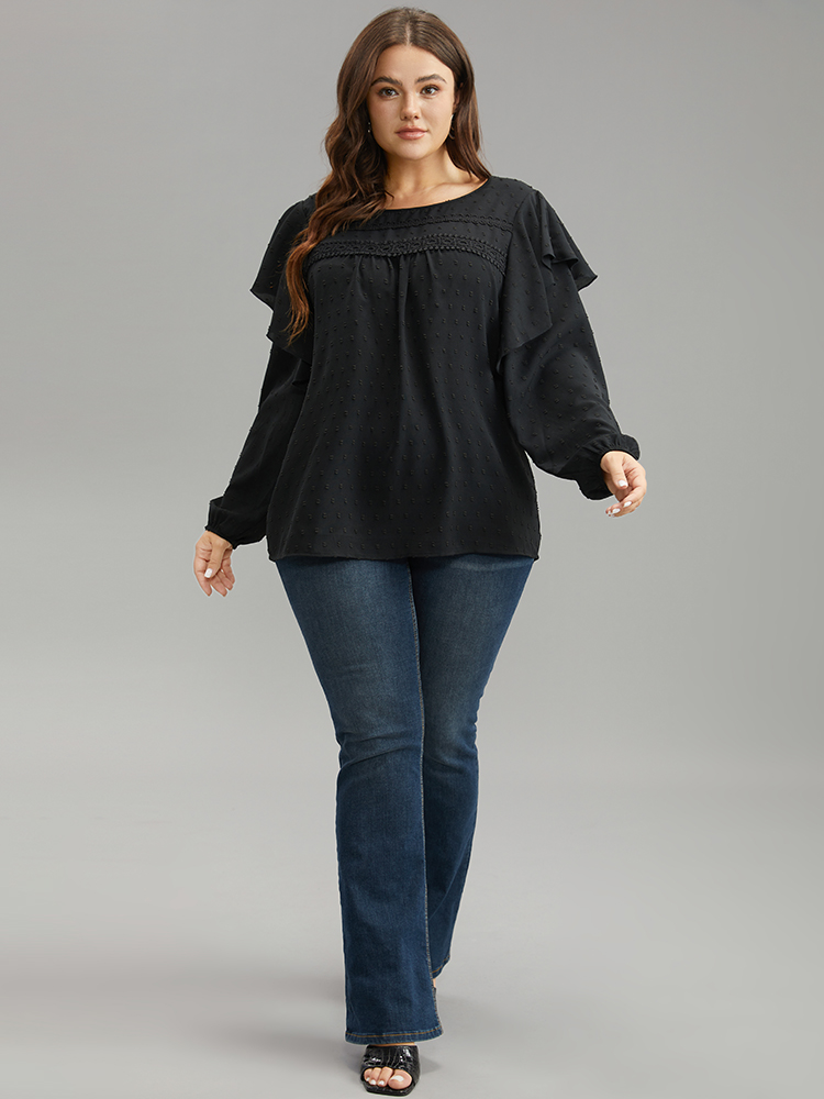 Plus Size Women Dailywear Plain Patchwork Lantern Sleeve Long Sleeve Round Neck Elegant Blouses BloomChic 