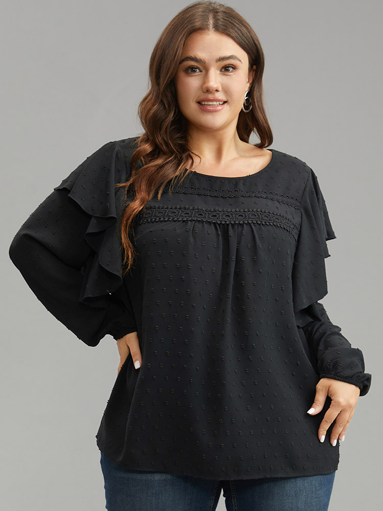 Plus Size Women Dailywear Plain Patchwork Lantern Sleeve Long Sleeve Round Neck Elegant Blouses BloomChic 