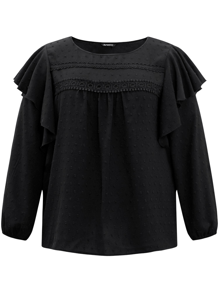 Plus Size Women Dailywear Plain Patchwork Lantern Sleeve Long Sleeve Round Neck Elegant Blouses BloomChic 