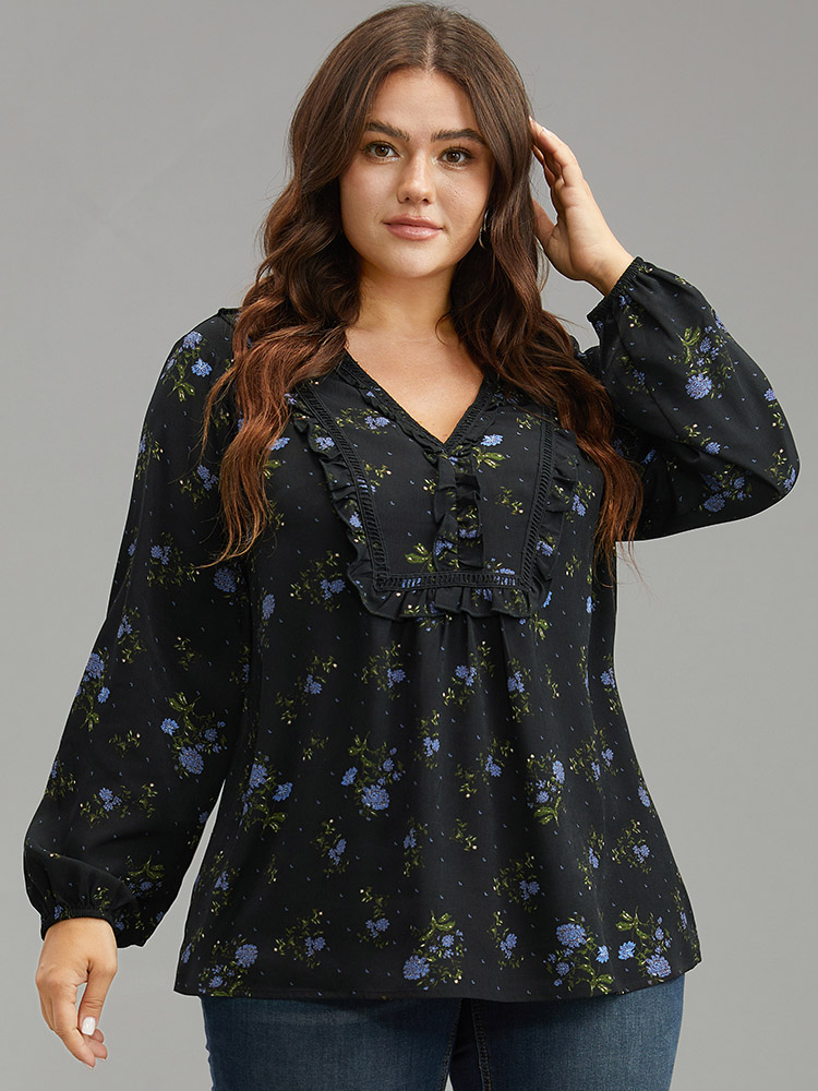 

Plus Size Black Ditsy Floral Lantern Sleeve Frill Trim Blouse Women Elegant Long Sleeve V-neck Dailywear Blouses BloomChic