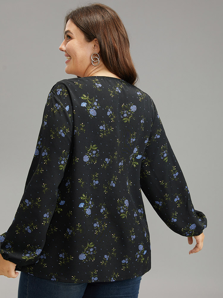 Plus Size Black Ditsy Floral Lantern Sleeve Frill Trim Blouse Women Elegant Long Sleeve V-neck Dailywear Blouses BloomChic 14-16/1X 