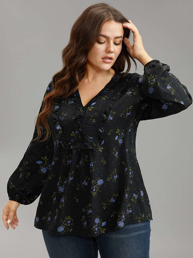 Plus Size Black Ditsy Floral Lantern Sleeve Frill Trim Blouse Women Elegant Long Sleeve V-neck Dailywear Blouses BloomChic 14-16/1X 