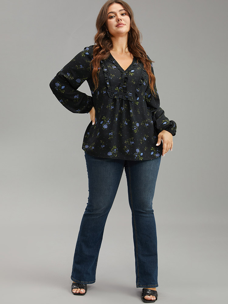Plus Size Black Ditsy Floral Lantern Sleeve Frill Trim Blouse Women Elegant Long Sleeve V-neck Dailywear Blouses BloomChic 14-16/1X 