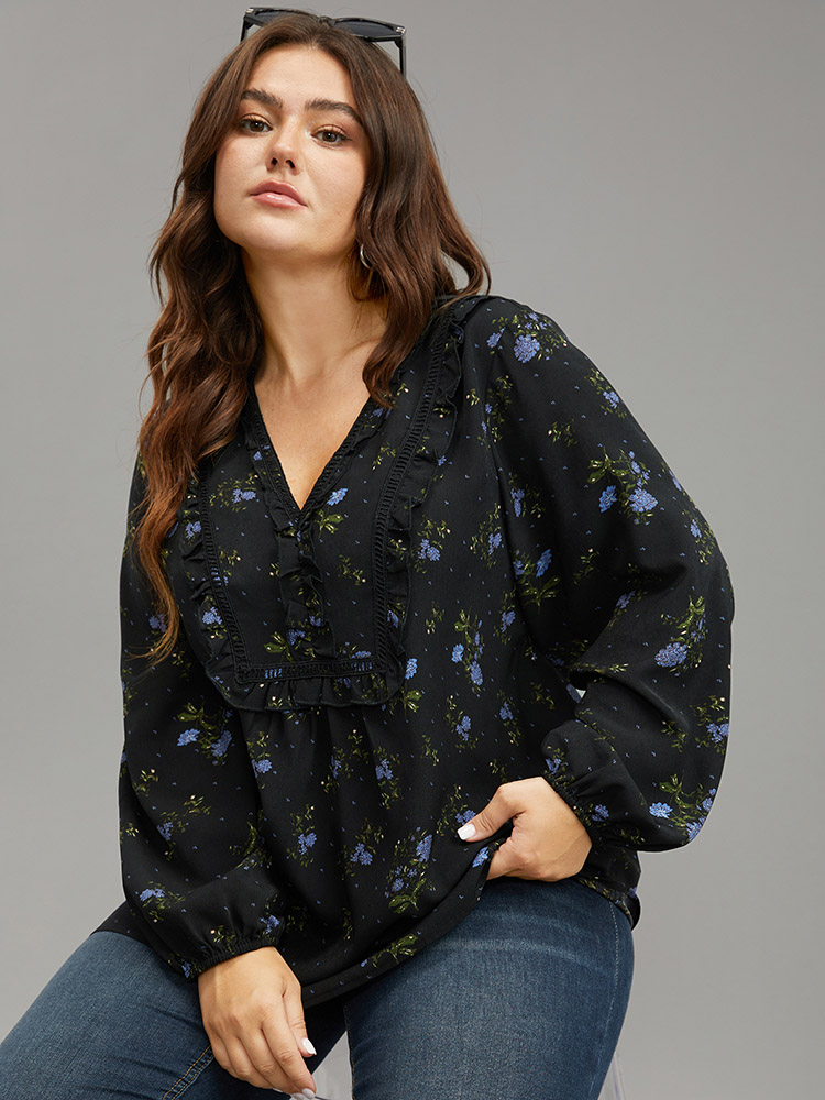 Plus Size Black Ditsy Floral Lantern Sleeve Frill Trim Blouse Women Elegant Long Sleeve V-neck Dailywear Blouses BloomChic 14-16/1X 