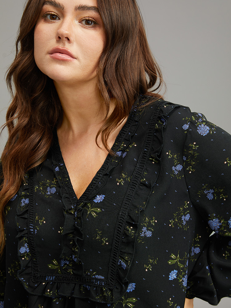 Plus Size Black Ditsy Floral Lantern Sleeve Frill Trim Blouse Women Elegant Long Sleeve V-neck Dailywear Blouses BloomChic 14-16/1X 