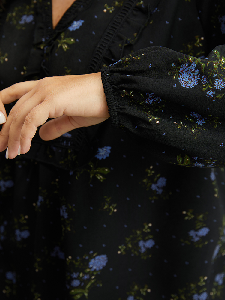 Plus Size Black Ditsy Floral Lantern Sleeve Frill Trim Blouse Women Elegant Long Sleeve V-neck Dailywear Blouses BloomChic 14-16/1X 
