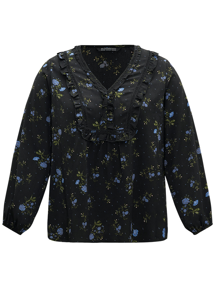 Plus Size Black Ditsy Floral Lantern Sleeve Frill Trim Blouse Women Elegant Long Sleeve V-neck Dailywear Blouses BloomChic 14-16/1X 