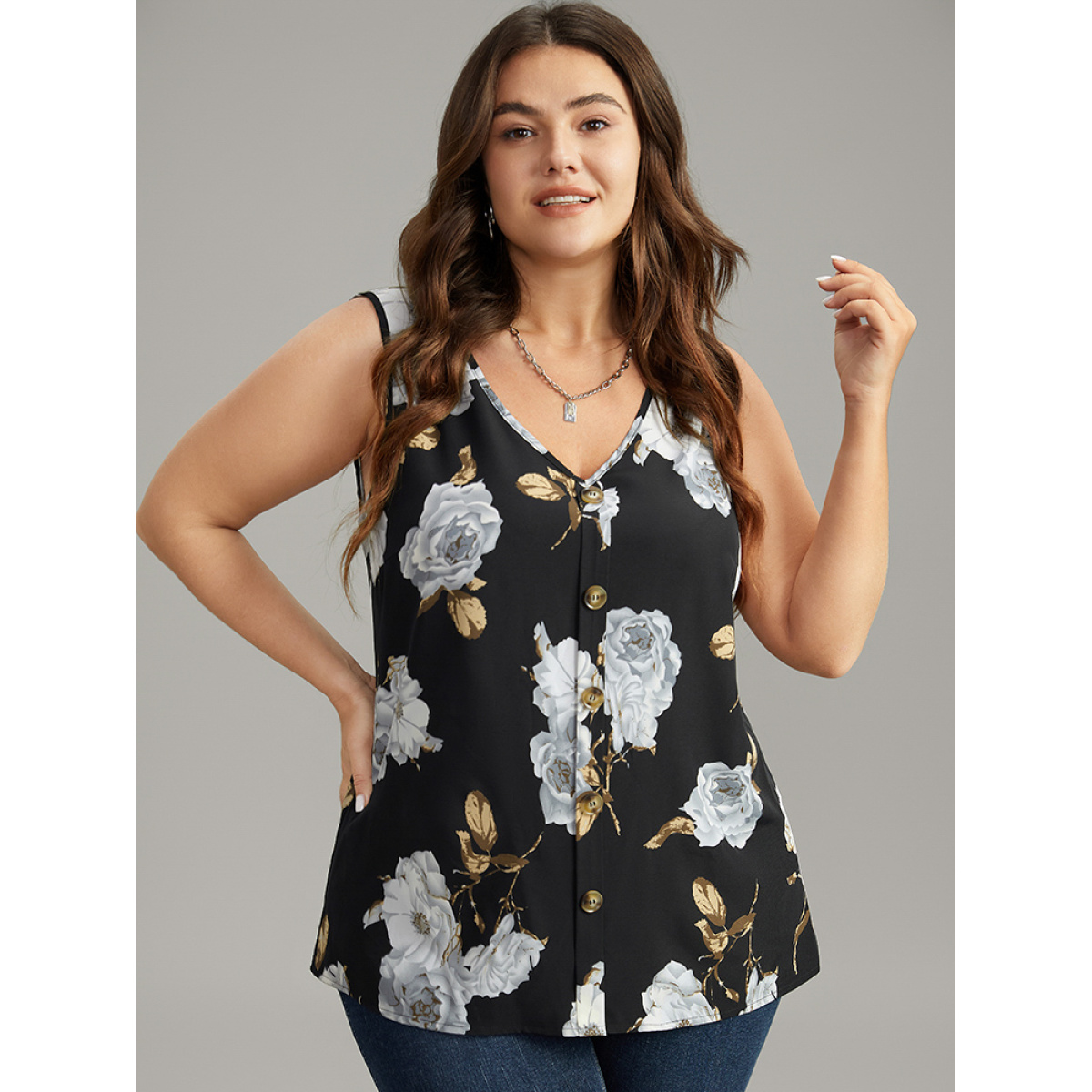

Plus Size Floral Print Button Detail Tank Top Women Black Elegant Tucked seam V-neck Everyday Tank Tops Camis BloomChic