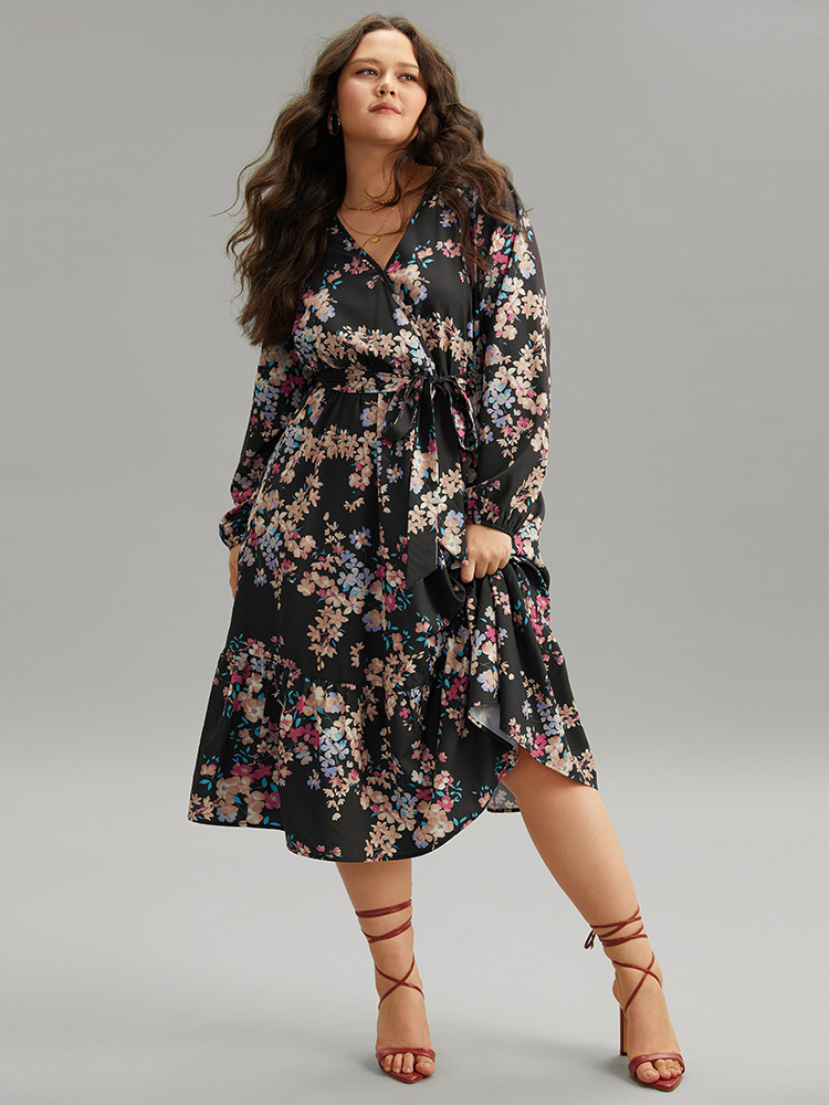 

Plus Size Floral Print Overlap Collar Elastic Cuffs Dress Black Women Elegant Elastic cuffs Overlap Collar Long Sleeve Curvy Midi Dress BloomChic