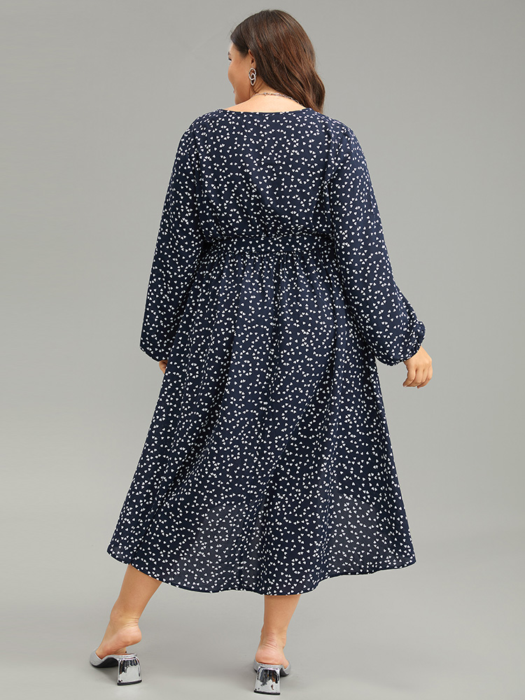 Plus Size Women Dailywear Geometric Elastic cuffs Lantern Sleeve Long Sleeve V-neck Pocket Belt Elegant Dresses BloomChic 