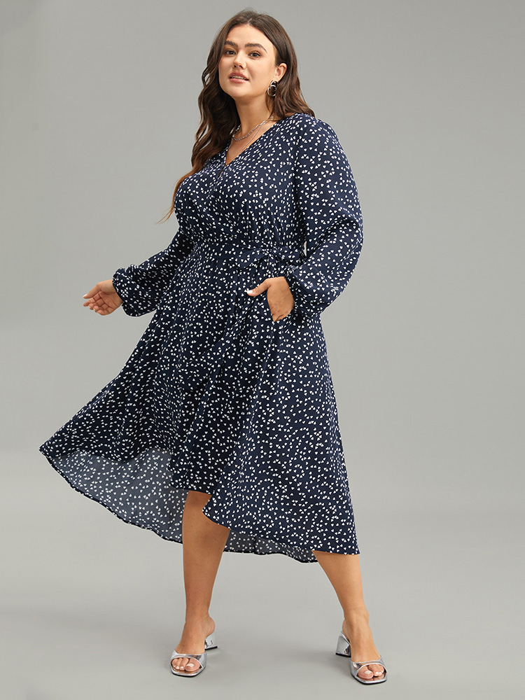 Plus Size Women Dailywear Geometric Elastic cuffs Lantern Sleeve Long Sleeve V-neck Pocket Belt Elegant Dresses BloomChic 
