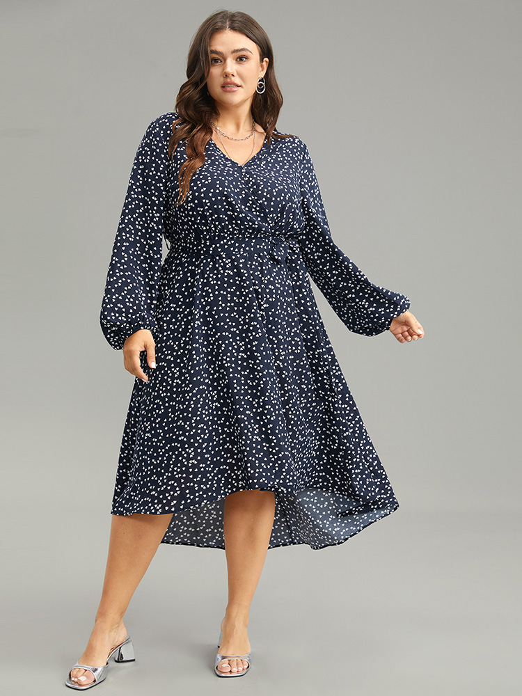 Plus Size Women Dailywear Geometric Elastic cuffs Lantern Sleeve Long Sleeve V-neck Pocket Belt Elegant Dresses BloomChic 