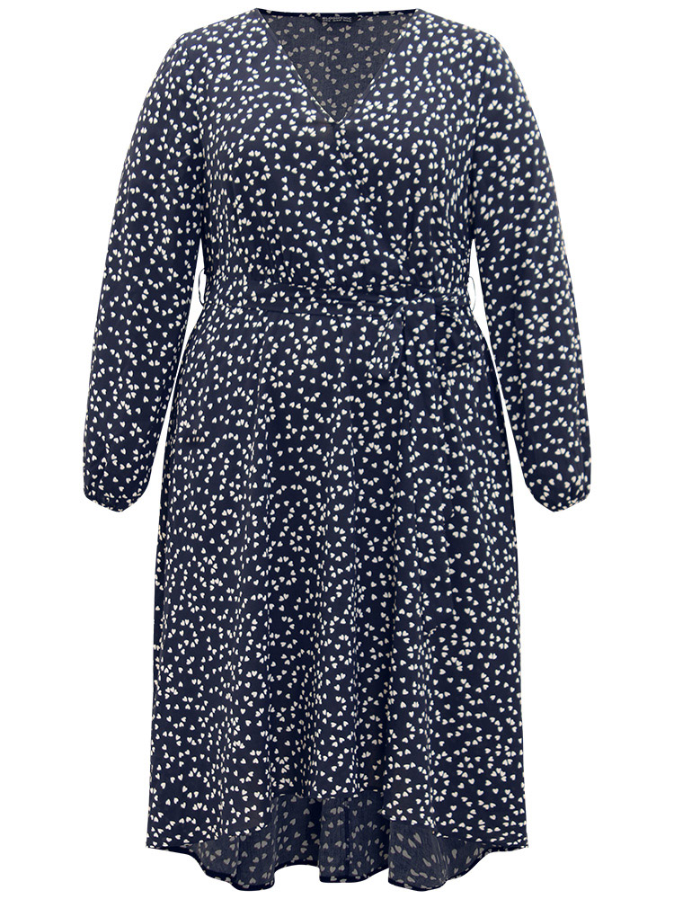Plus Size Women Dailywear Geometric Elastic cuffs Lantern Sleeve Long Sleeve V-neck Pocket Belt Elegant Dresses BloomChic 