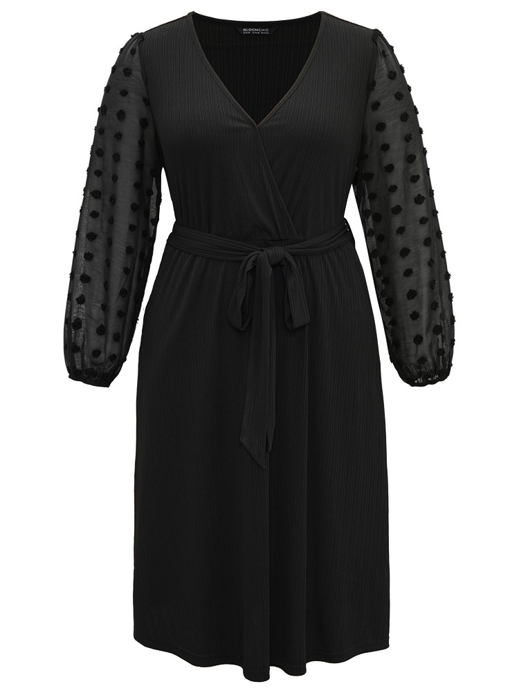 

Plus Size Polka Dot Chiffon Mesh Patchwork Wrap Dress Black Women Elegant Elastic cuffs Overlap Collar Long Sleeve Curvy Midi Dress BloomChic