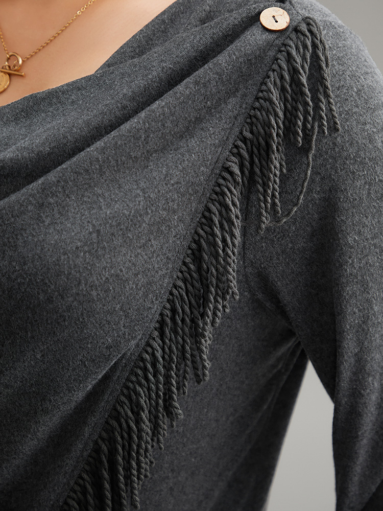 

Plus Size Cowl Neck Tassels Button Detail Wrap Sweatshirt Women DimGray Elegant Wrap Cowl Neck Everyday Sweatshirts BloomChic