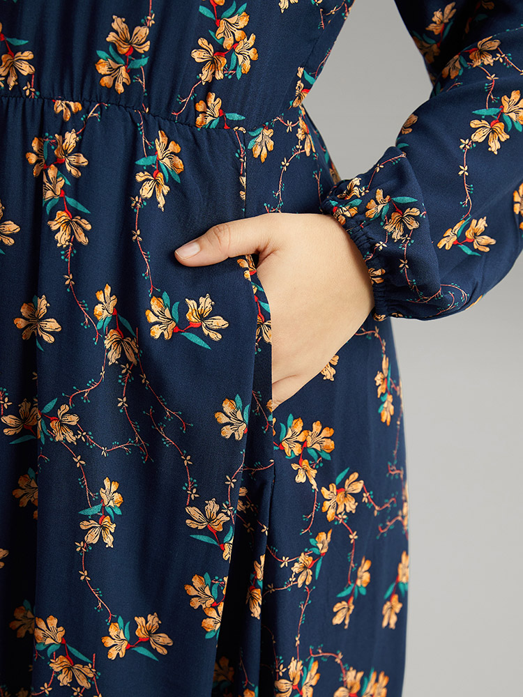 

Plus Size Floral Print Elastic Waist Lantern Sleeve Dress DarkBlue Women Elegant Elastic cuffs V-neck Long Sleeve Curvy Midi Dress BloomChic