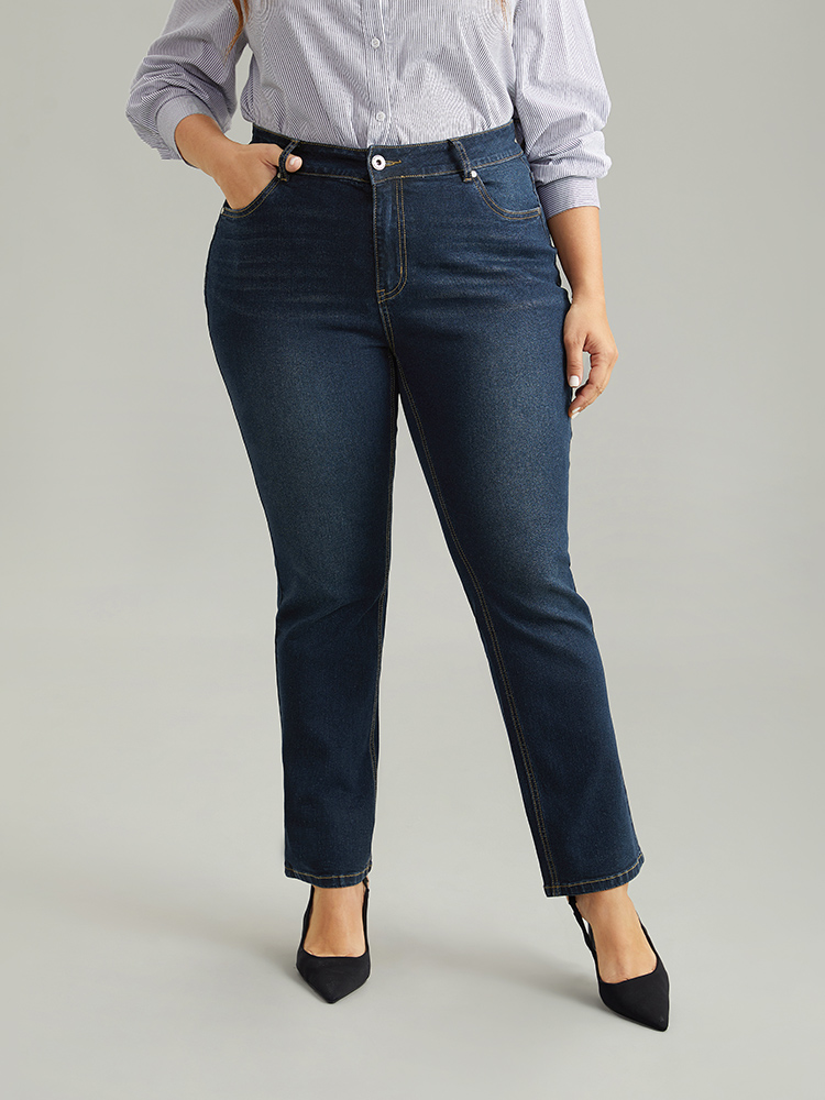 

Plus Size Straight Leg Dark Wash Zipper Fly Jeans Women Indigo Casual Plain Pocket High stretch Pocket Jeans BloomChic