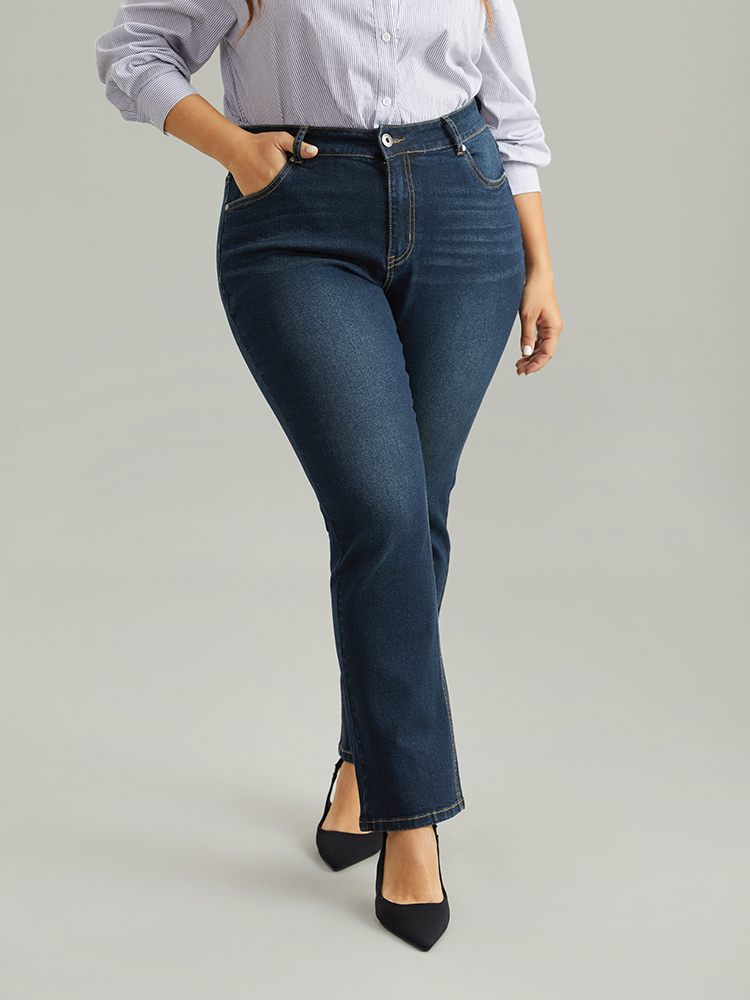 

Plus Size Straight Leg Dark Wash Zipper Fly Jeans Women Indigo Casual Plain Pocket High stretch Pocket Jeans BloomChic