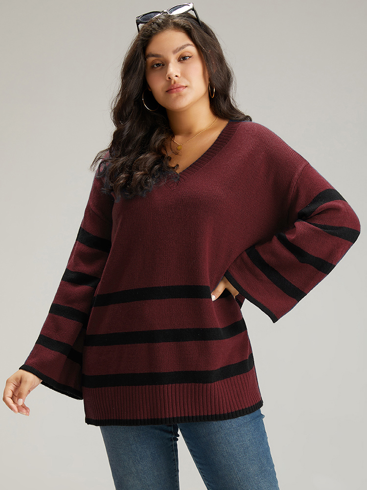 

Plus Size Striped Bell Sleeve Moderately Stretchy Pullover Burgundy Women Casual Loose Long Sleeve V-neck Dailywear Pullovers BloomChic