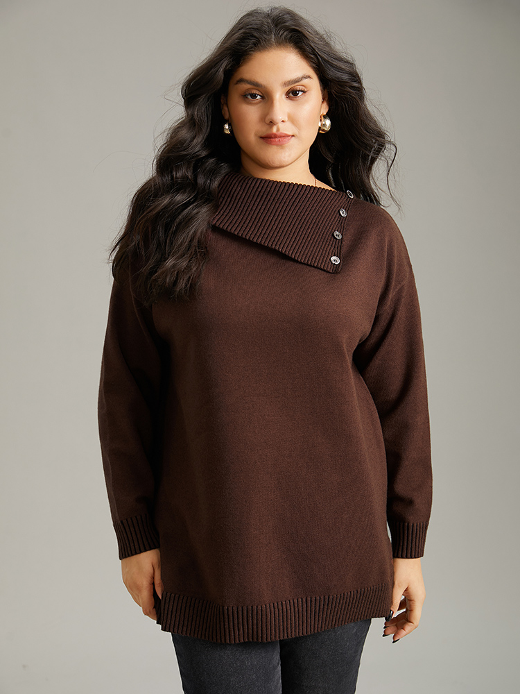 

Plus Size Supersoft Essentials Asymmetrical Neck Button Detail Pullover DarkBrown Women Casual Loose Long Sleeve Asymmetrical Neck Dailywear Pullovers BloomChic