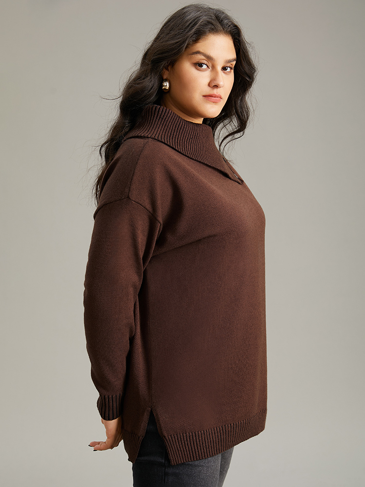 

Plus Size Supersoft Essentials Asymmetrical Neck Button Detail Pullover DarkBrown Women Casual Loose Long Sleeve Asymmetrical Neck Dailywear Pullovers BloomChic