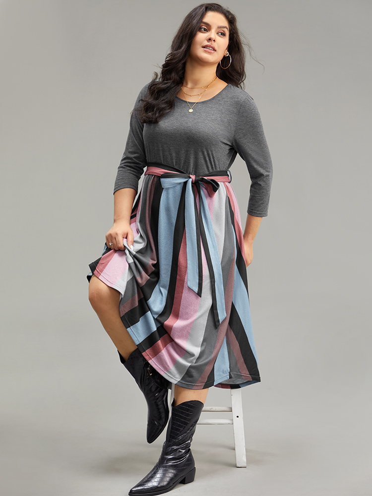 

Plus Size Striped Contrast Patchwork Belted Dress DimGray Women Casual Belted Round Neck Elbow-length sleeve Curvy Midi Dress BloomChic