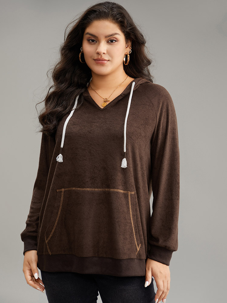 Plus Size Stitch Tassels Drawstring Hooded Sweatshirt Women DarkBrown Casual Elastic cuffs Hooded Dailywear Sweatshirts BloomChic 18-20/2X 