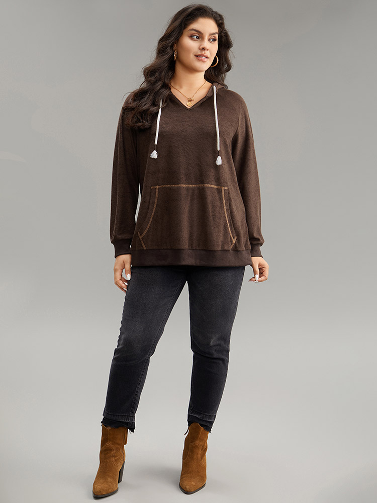 Plus Size Stitch Tassels Drawstring Hooded Sweatshirt Women DarkBrown Casual Elastic cuffs Hooded Dailywear Sweatshirts BloomChic 18-20/2X 