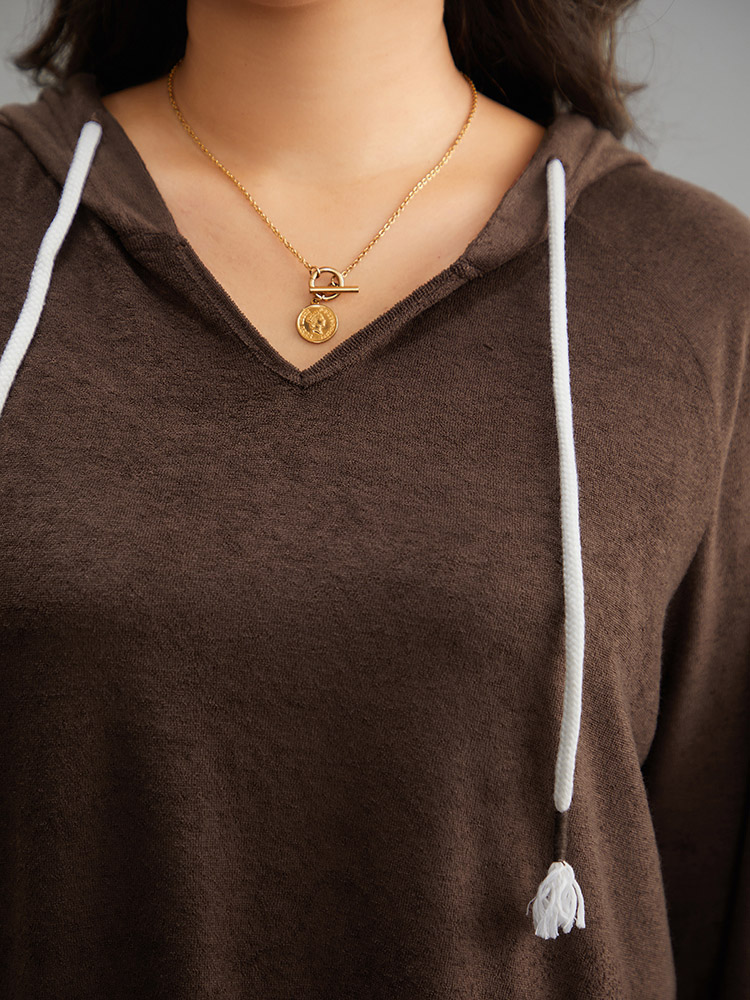 Plus Size Stitch Tassels Drawstring Hooded Sweatshirt Women DarkBrown Casual Elastic cuffs Hooded Dailywear Sweatshirts BloomChic 18-20/2X 