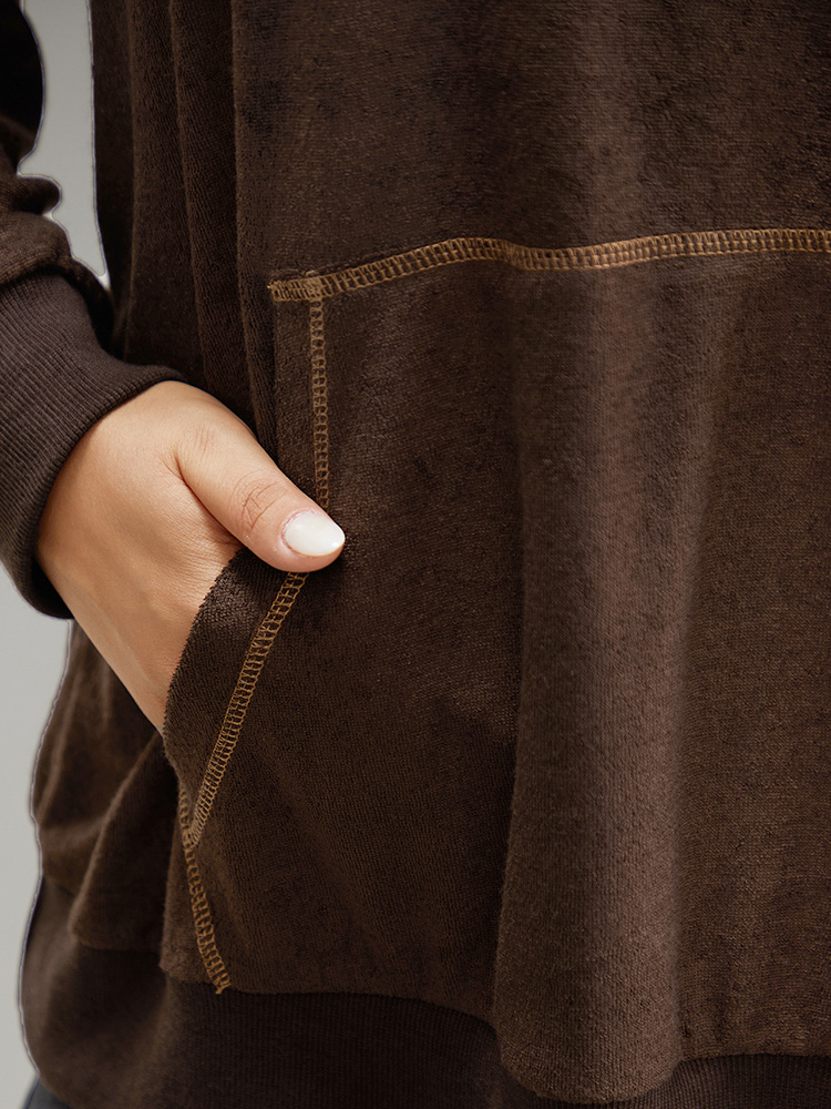 Plus Size Stitch Tassels Drawstring Hooded Sweatshirt Women DarkBrown Casual Elastic cuffs Hooded Dailywear Sweatshirts BloomChic 18-20/2X 