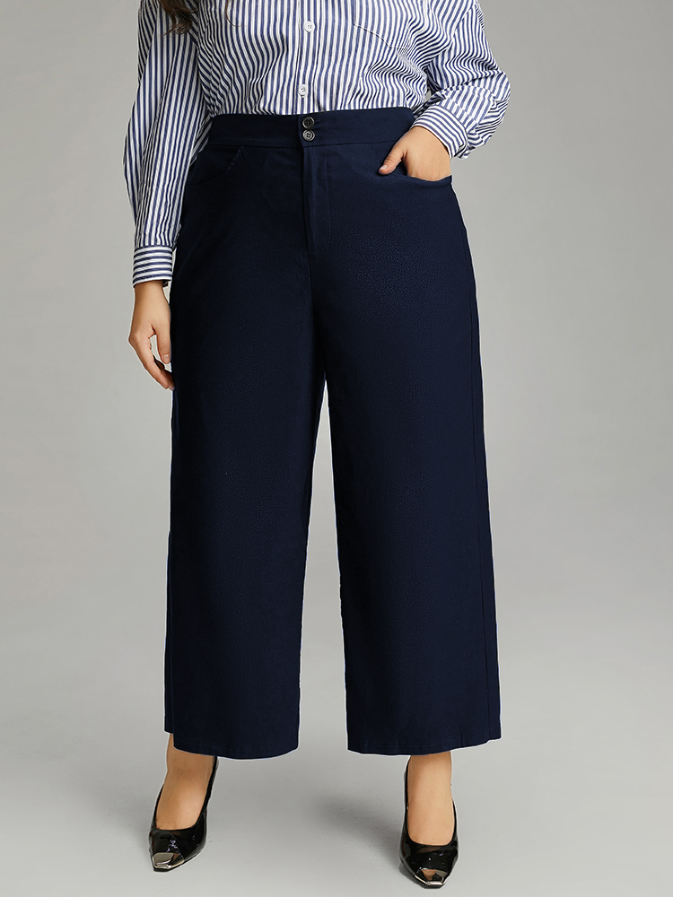 

Plus Size Solid Straight Leg High Rise Pants Women Indigo Elegant Straight Leg High Rise Dailywear Pants BloomChic