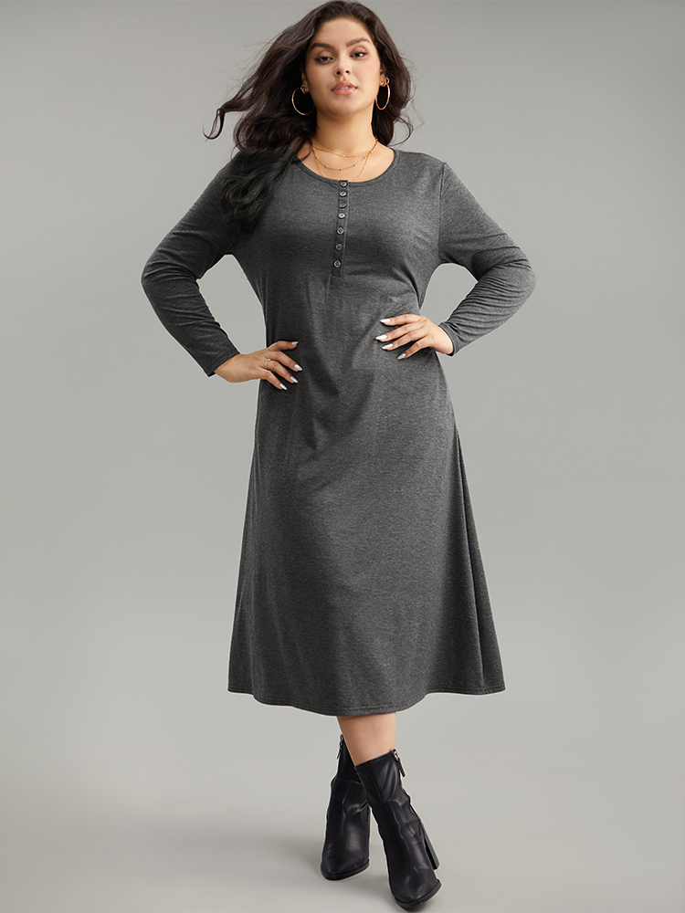 

Plus Size Solid Button Up Pocket Dress DimGray Women Basics Non Round Neck Long Sleeve Curvy Midi Dress BloomChic