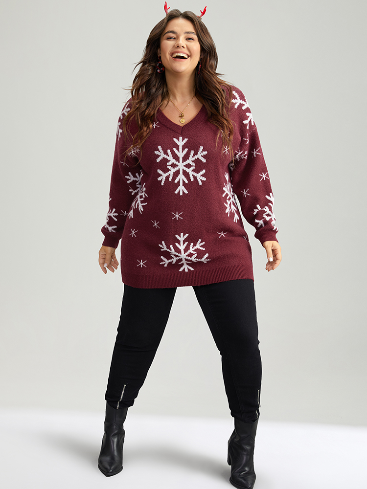 

Plus Size Anti-Pilling Snowflake Print Pullover Scarlet Women Casual Loose Long Sleeve V-neck Dailywear Pullovers BloomChic
