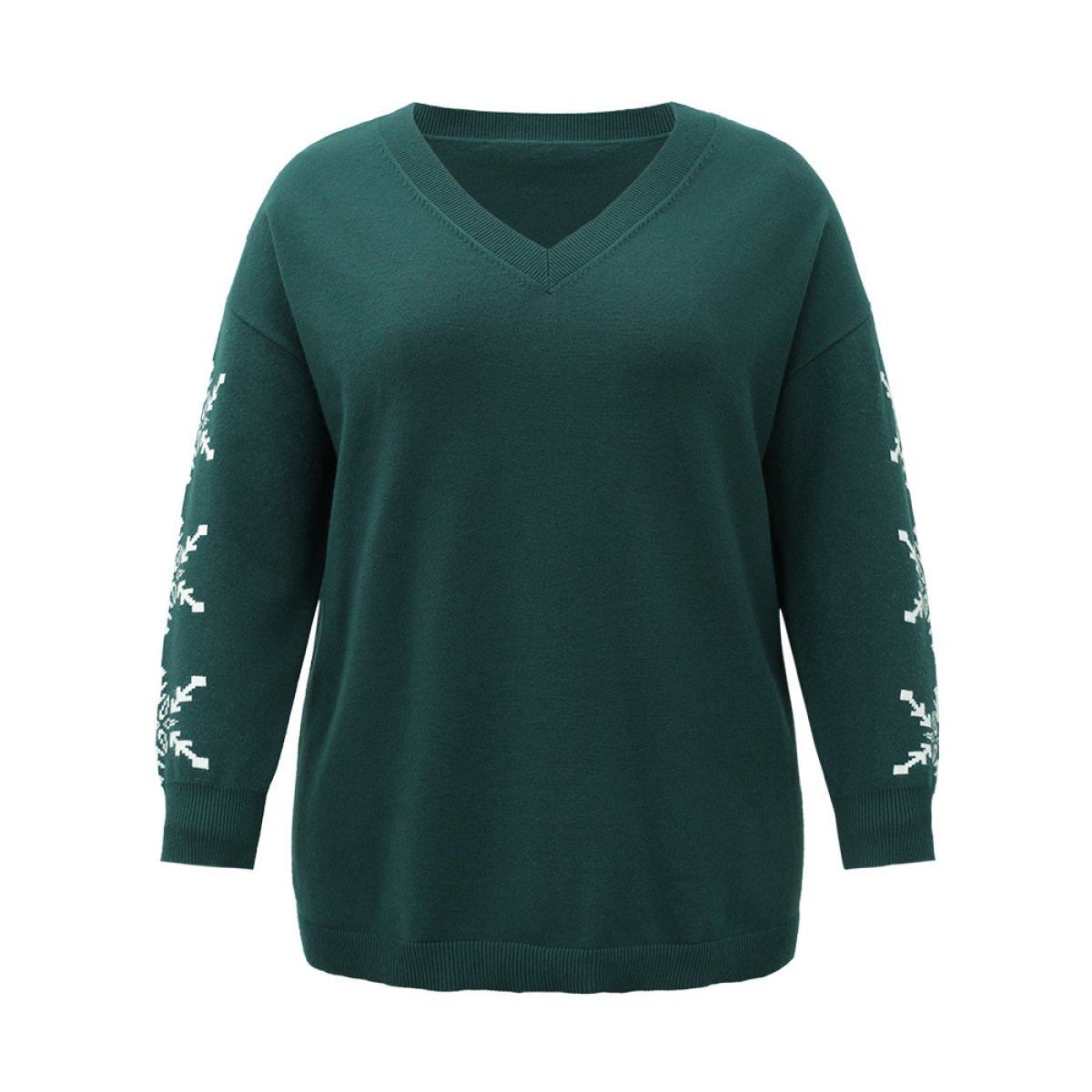 

Plus Size Supersoft Essentials Snowflake Print V Neck Pullover DarkGreen Women Casual Loose Long Sleeve V-neck Festival-Christmas Pullovers BloomChic