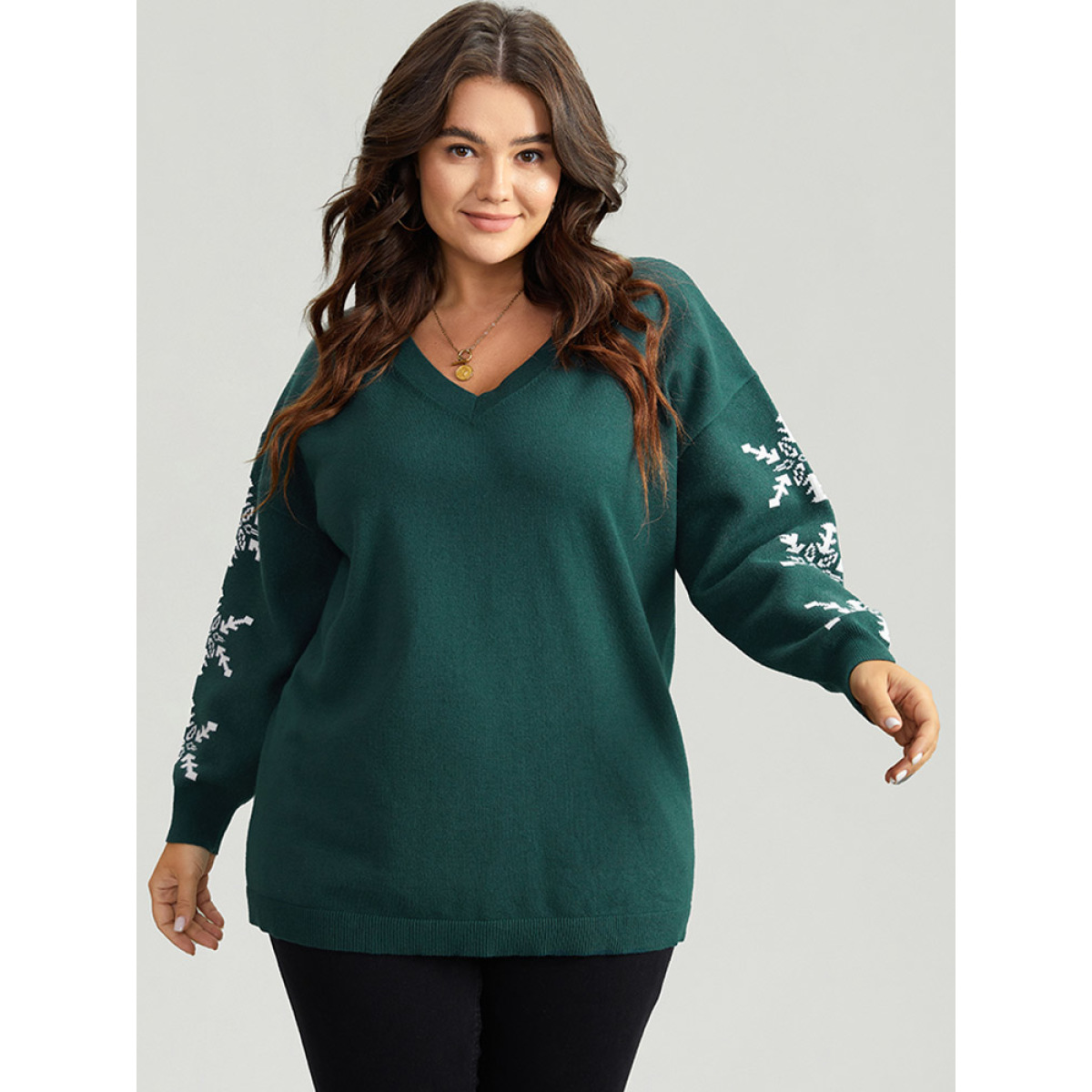 

Plus Size Supersoft Essentials Snowflake Print V Neck Pullover DarkGreen Women Casual Loose Long Sleeve V-neck Festival-Christmas Pullovers BloomChic