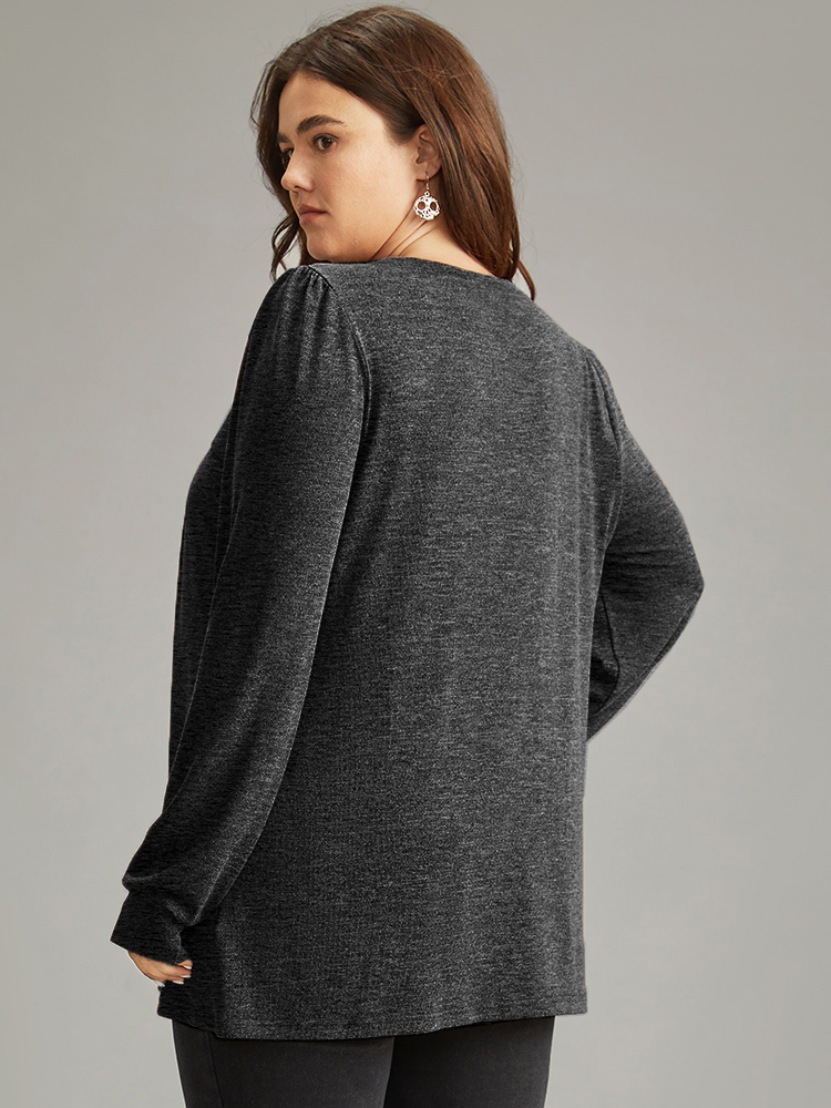 

Plus Size Plain Heather Plicated Detail T-shirt Black Round Neck Long Sleeve Casual Jersey Tops
