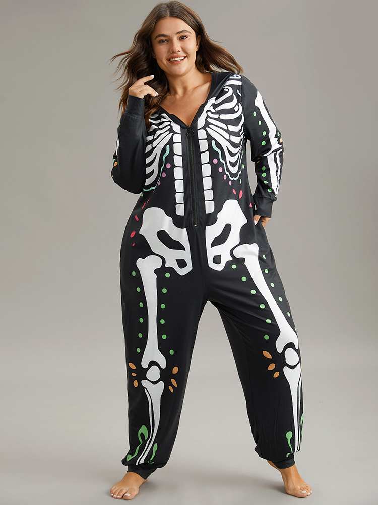 

Plus Size Halloween Skull Print Hooded Zipper Sleep Jumpsuit Women BlackFlower Casual Graphic-Halloween Printed Hooded Pocket Loungewear BloomChic