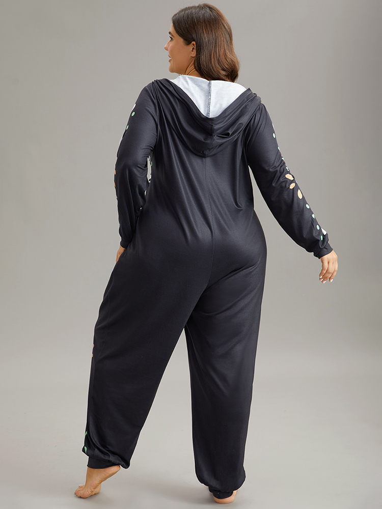 Plus Size Halloween Skull Print Hooded Zipper Sleep Jumpsuit Women BlackFlower Casual Graphic-Halloween Printed Hooded Pocket Loungewear BloomChic 12/L 