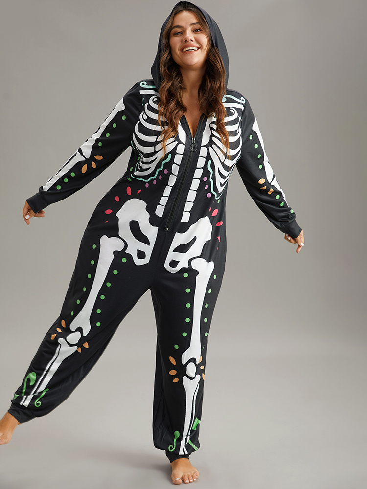 Plus Size Halloween Skull Print Hooded Zipper Sleep Jumpsuit Women BlackFlower Casual Graphic-Halloween Printed Hooded Pocket Loungewear BloomChic 12/L 