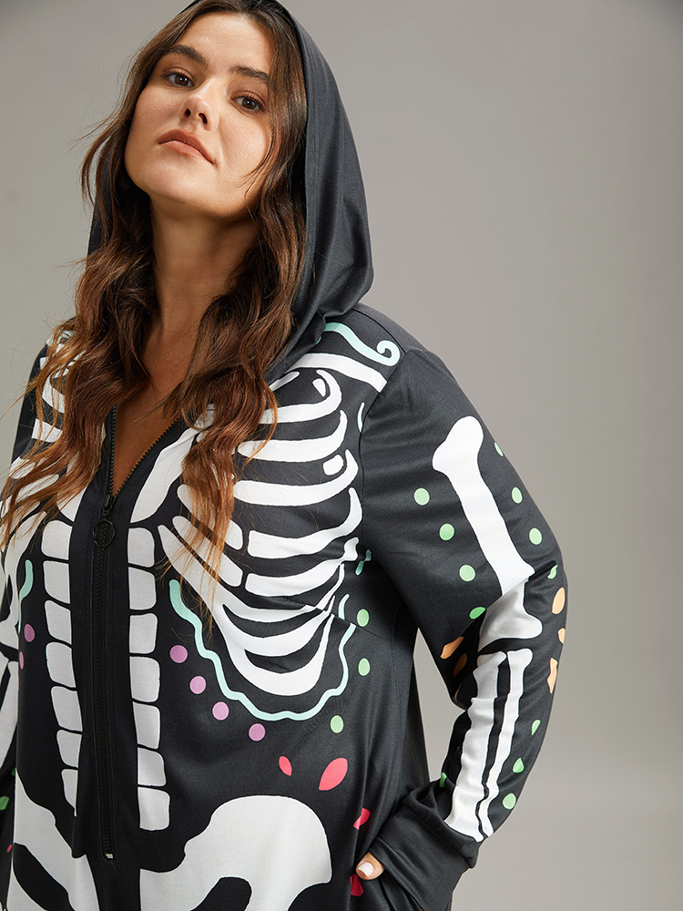 Plus Size Halloween Skull Print Hooded Zipper Sleep Jumpsuit Women BlackFlower Casual Graphic-Halloween Printed Hooded Pocket Loungewear BloomChic 12/L 