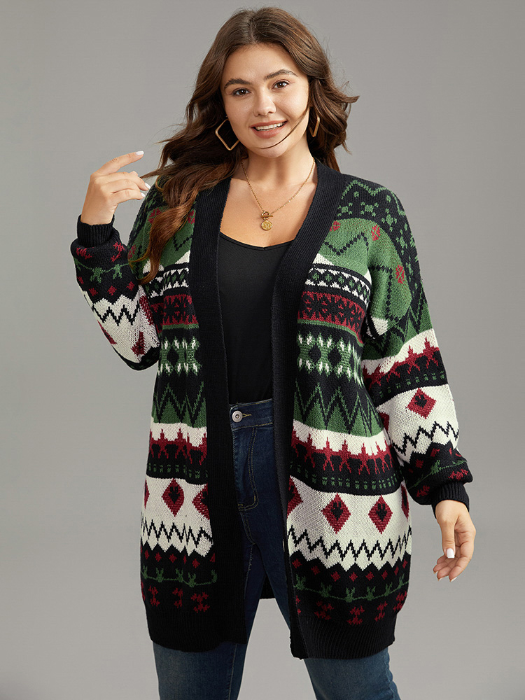 Plus Size Christmas Graphic Open Front Tunic Cardigan Multicolor Women Casual Loose Long Sleeve Dailywear Cardigans BloomChic 22-24/3X 