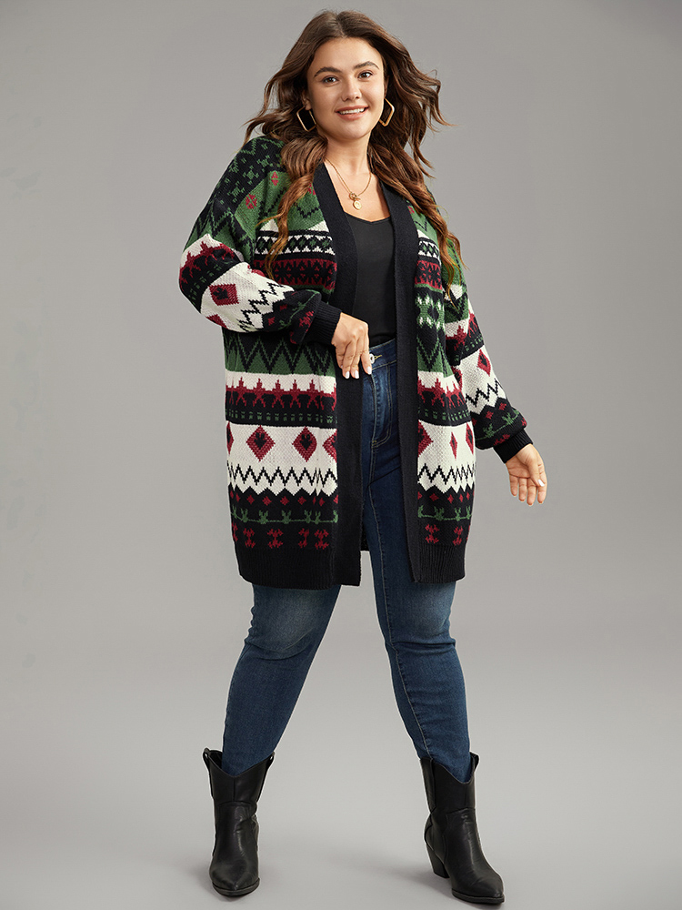 Plus Size Christmas Graphic Open Front Tunic Cardigan Multicolor Women Casual Loose Long Sleeve Dailywear Cardigans BloomChic 22-24/3X 