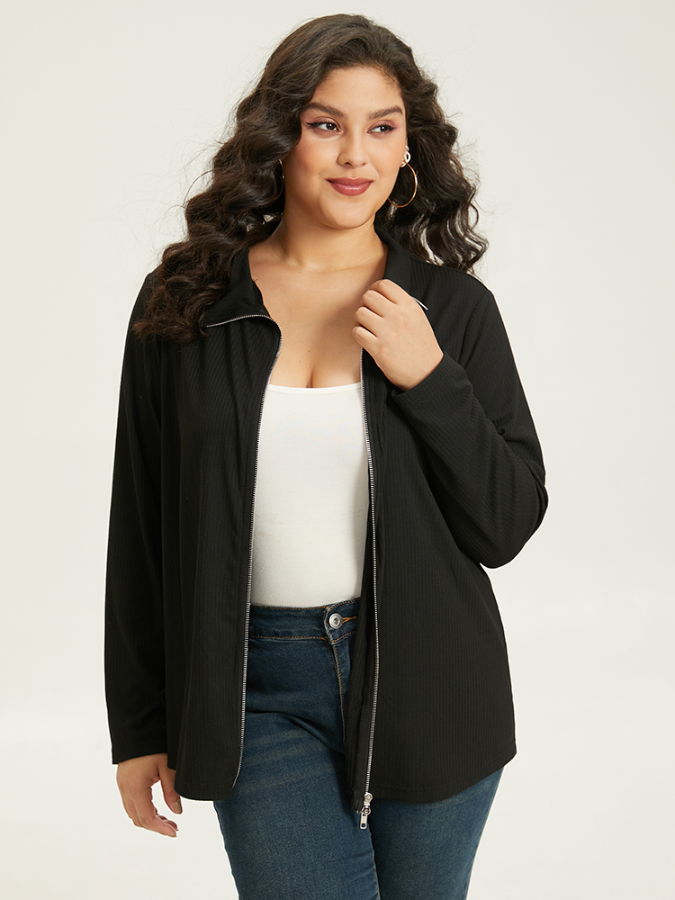 

Plus Size Plain Rib Knit Zipper Jacket Women Black Casual Plain Ladies Dailywear Winter Coats BloomChic