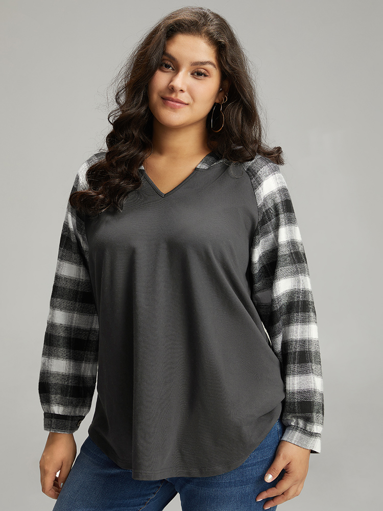 Plus Size Women Everyday Plaid Patchwork Regular Raglan sleeve Long Sleeve Hooded Casual Sweatshirts BloomChic 