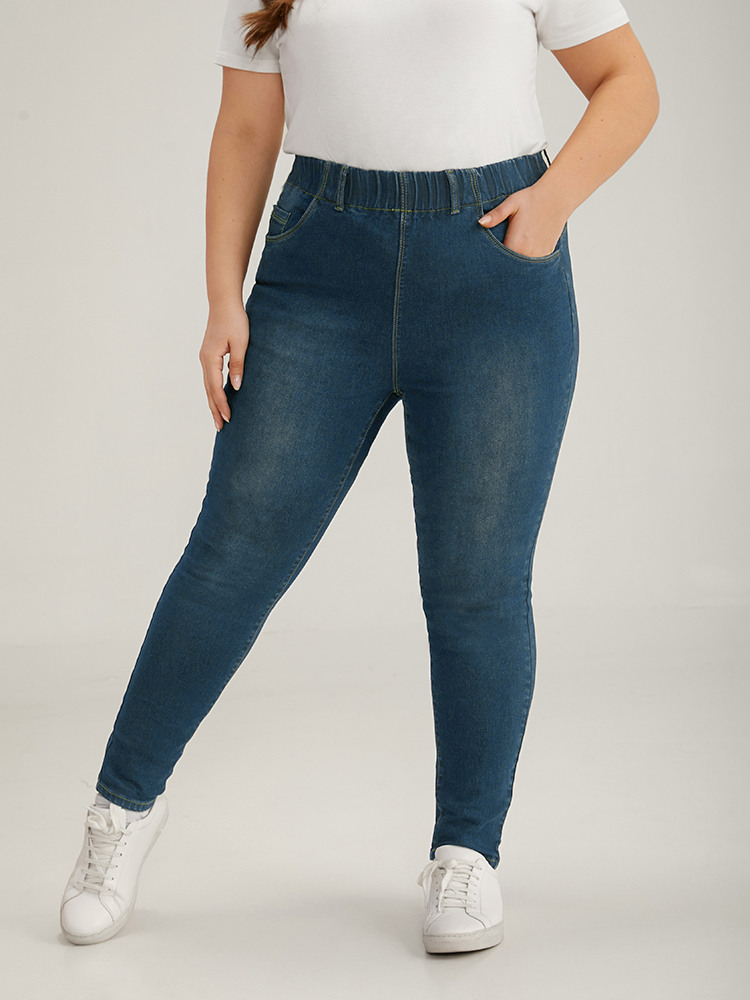 

Plus Size Elastic Waist High Rise Skinny Jeans Women Indigo Casual Plain Non High stretch Slanted pocket Jeans BloomChic