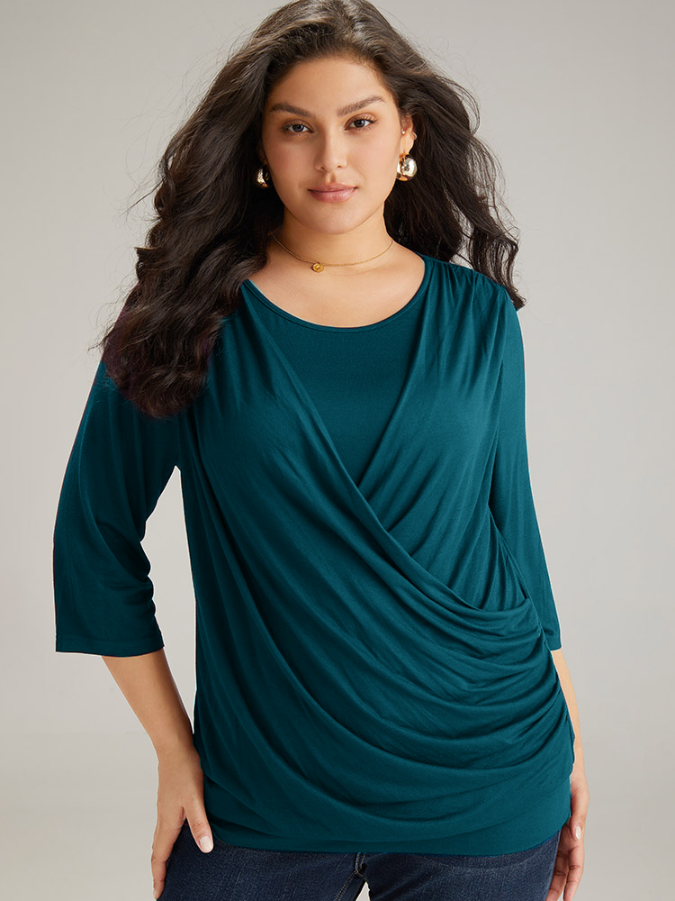 

Plus Size Supersoft Essentials Plain Crossover T-shirt Teal Overlap Collar Elbow-length sleeve Elegant Jersey Tops