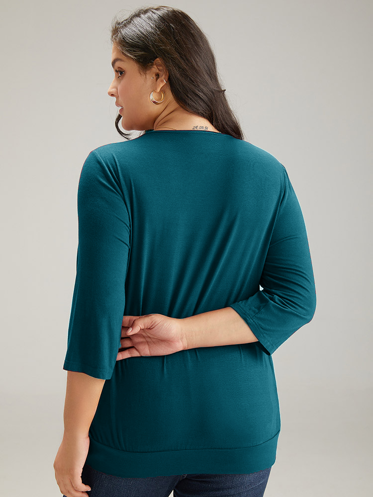 

Plus Size Supersoft Essentials Plain Crossover T-shirt Teal Overlap Collar Elbow-length sleeve Elegant Jersey Tops